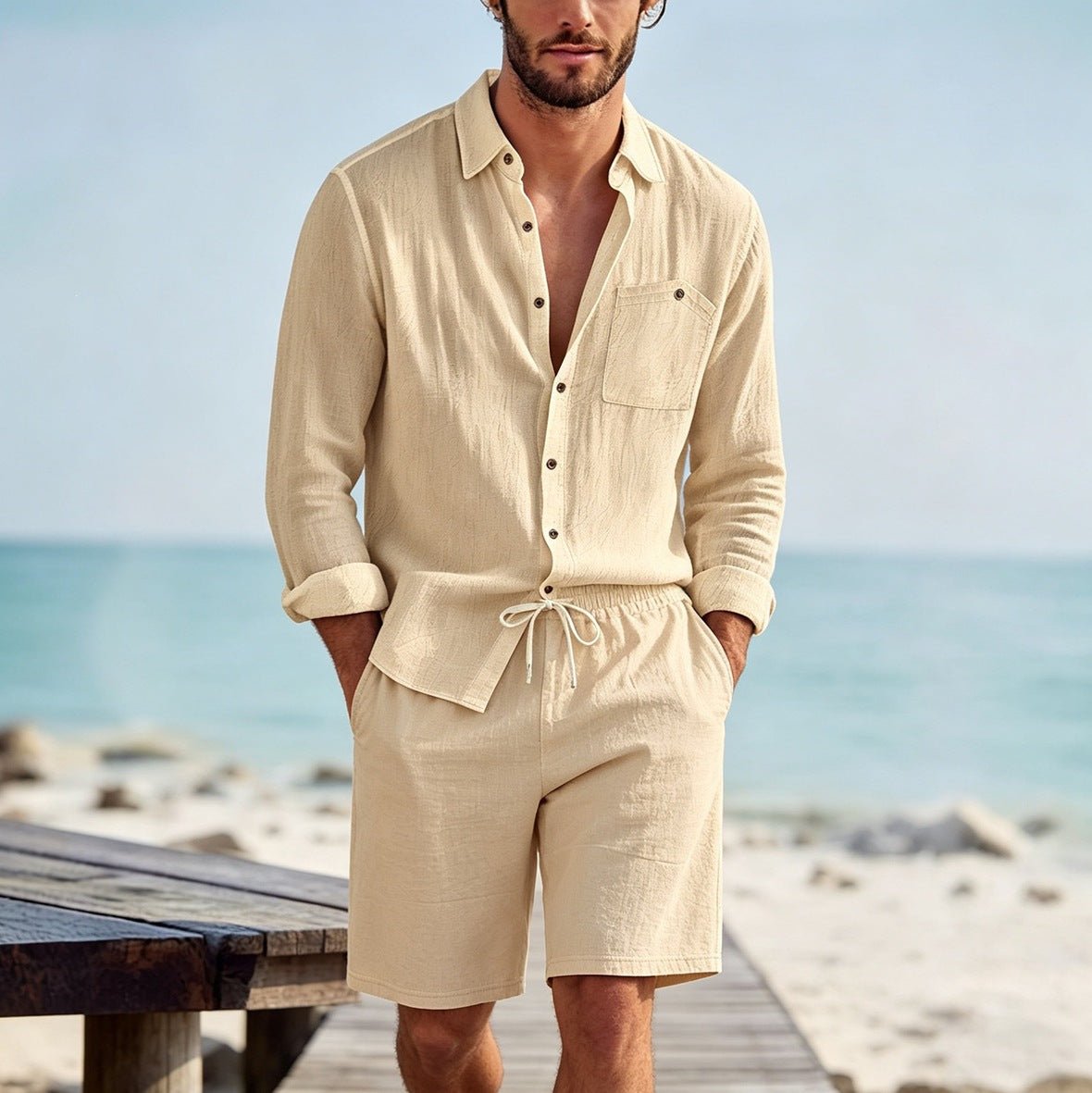 Conjunto Lino Hombre | Cárdigan Manga Larga y Shorts Casual - Irina Shop
