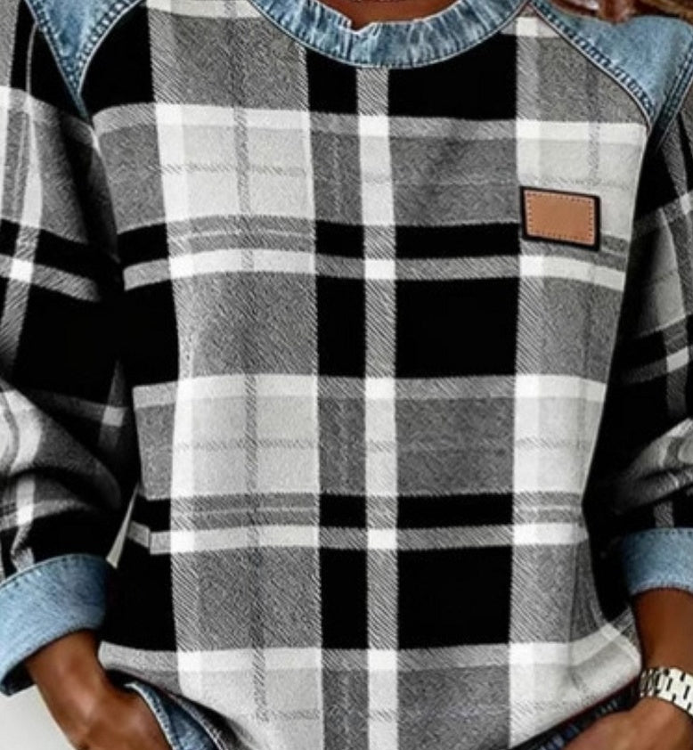 Sudadera Patchwork Denim Cuello Redondo | Moda Única