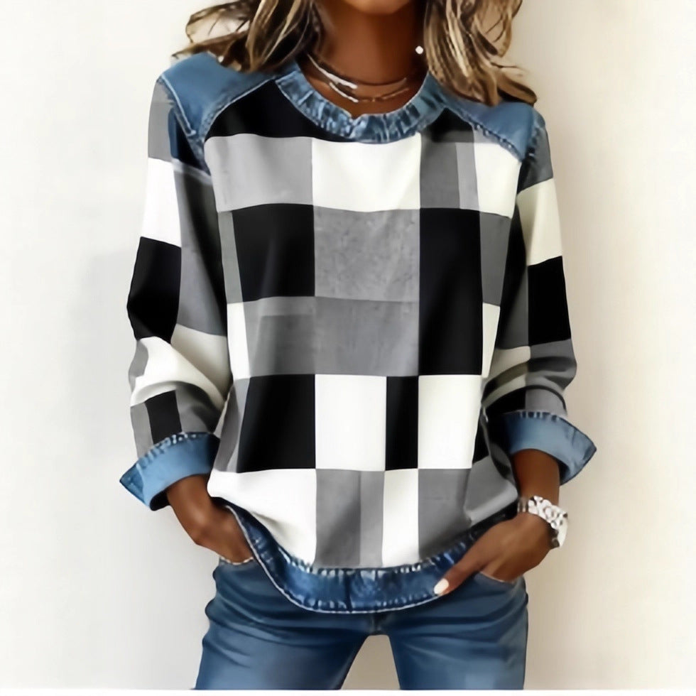Sudadera Patchwork Denim Cuello Redondo | Moda Única