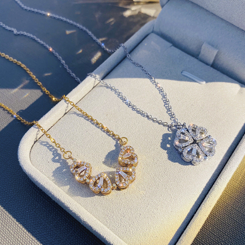 Collar Colgante Trébol Cuatro Hojas Corazón Magnético Mujer