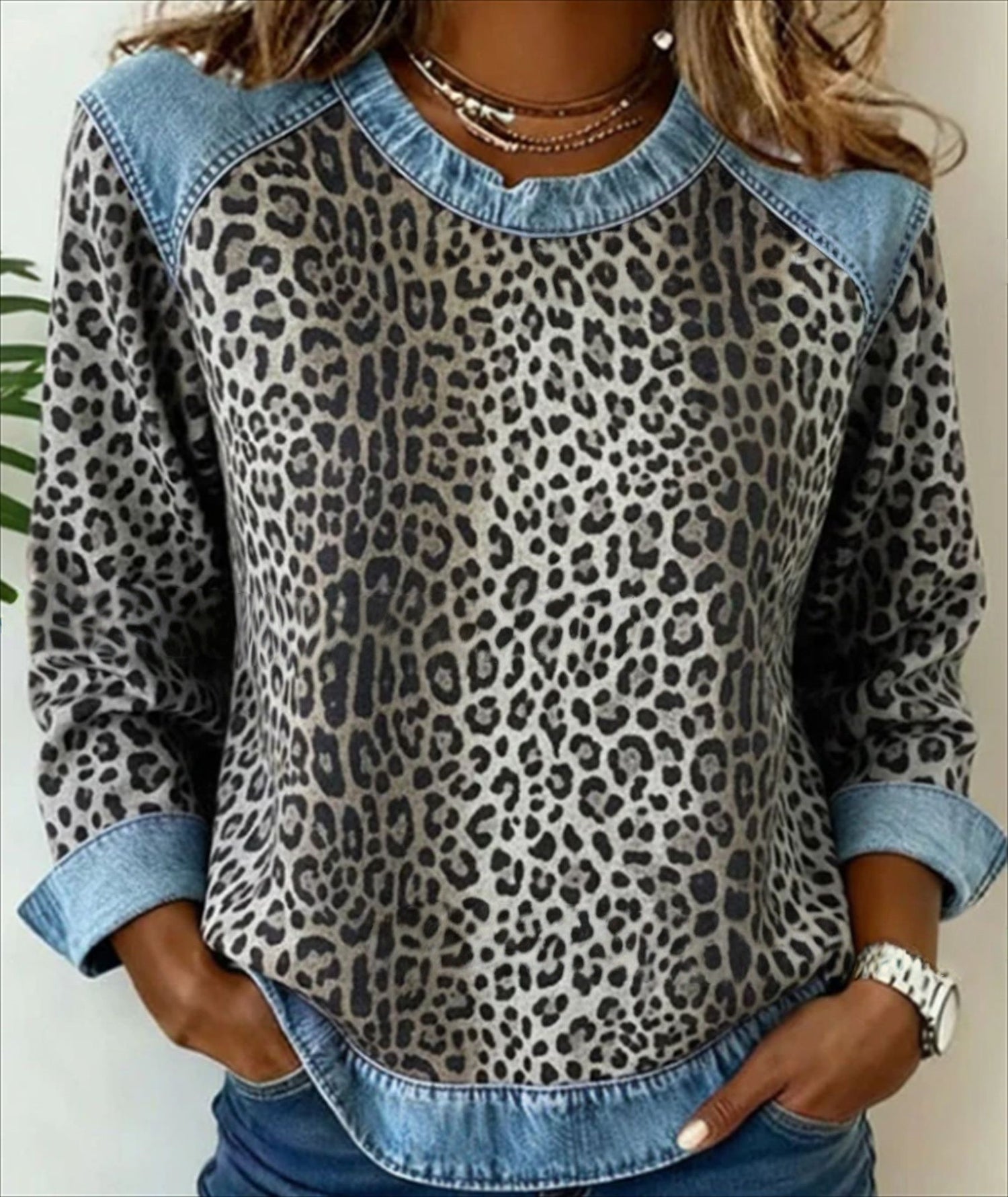 Sudadera Patchwork Denim Cuello Redondo | Moda Única