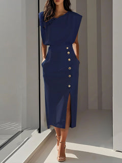 Vestido Verano Mujer Midi Sin Mangas Botones Casual