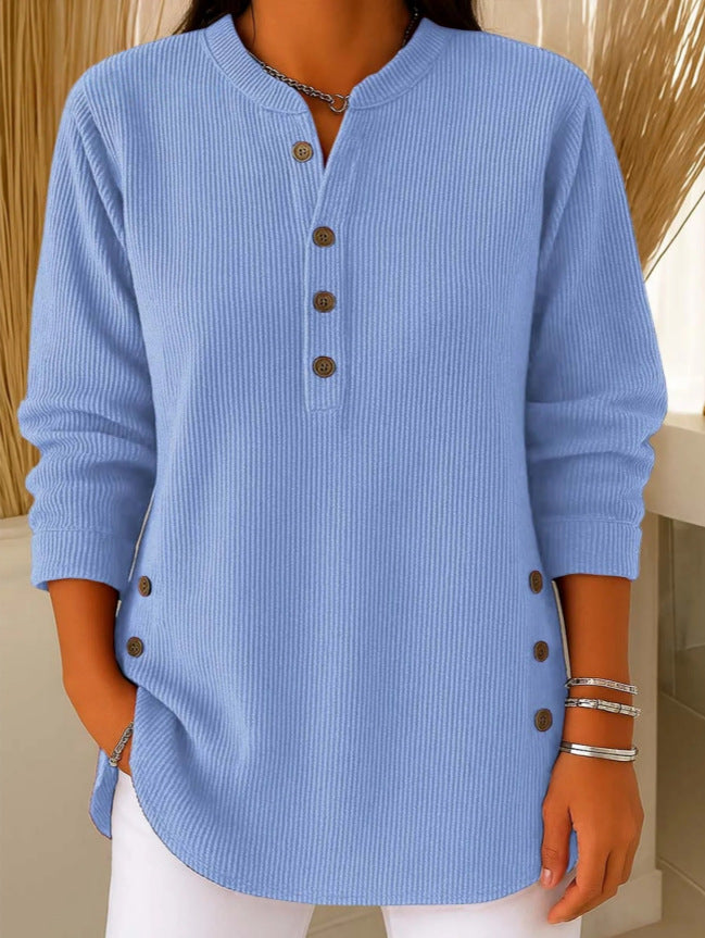 Jersey Mujer Cuello V Botones Manga Larga | Color Liso