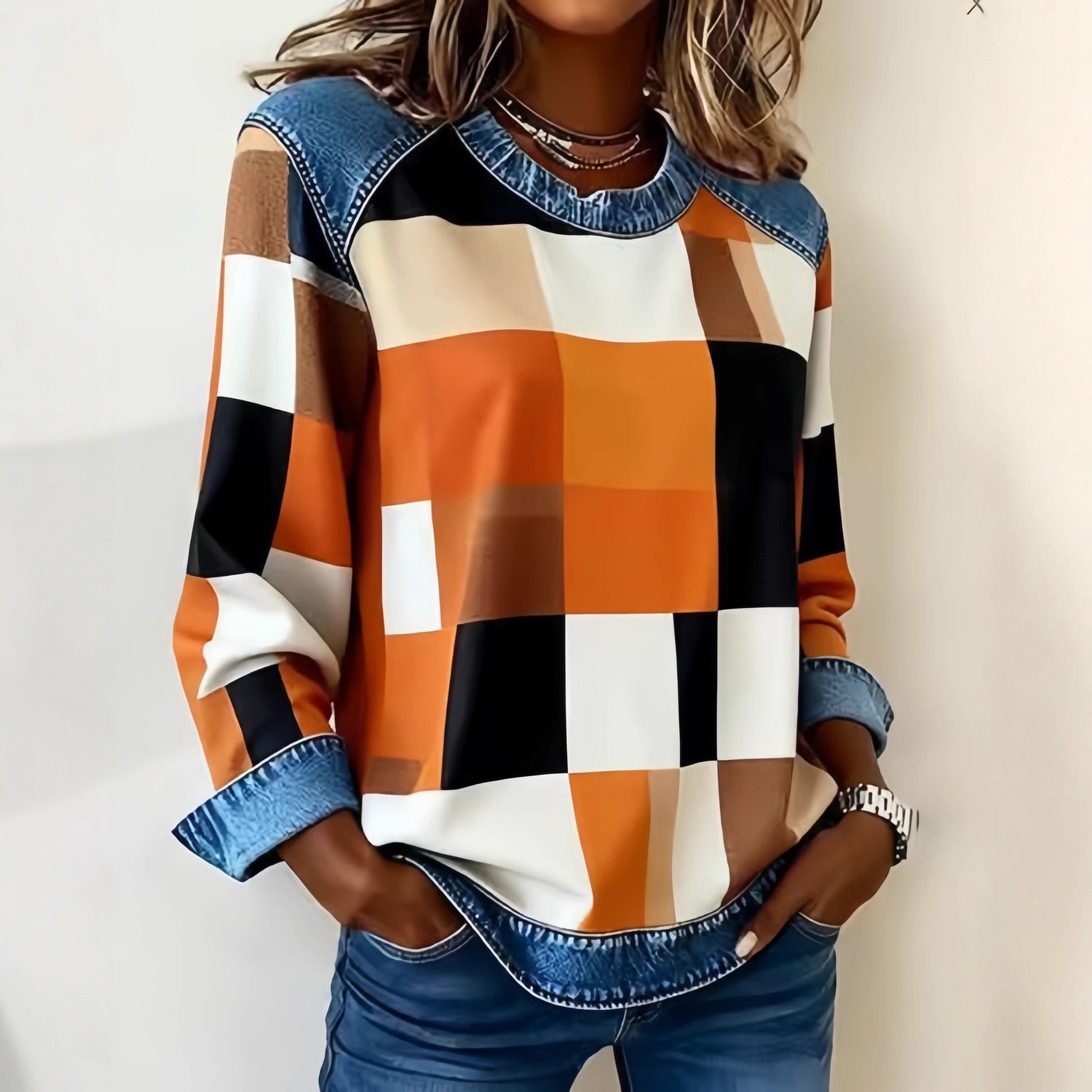 Sudadera Patchwork Denim Cuello Redondo | Moda Única