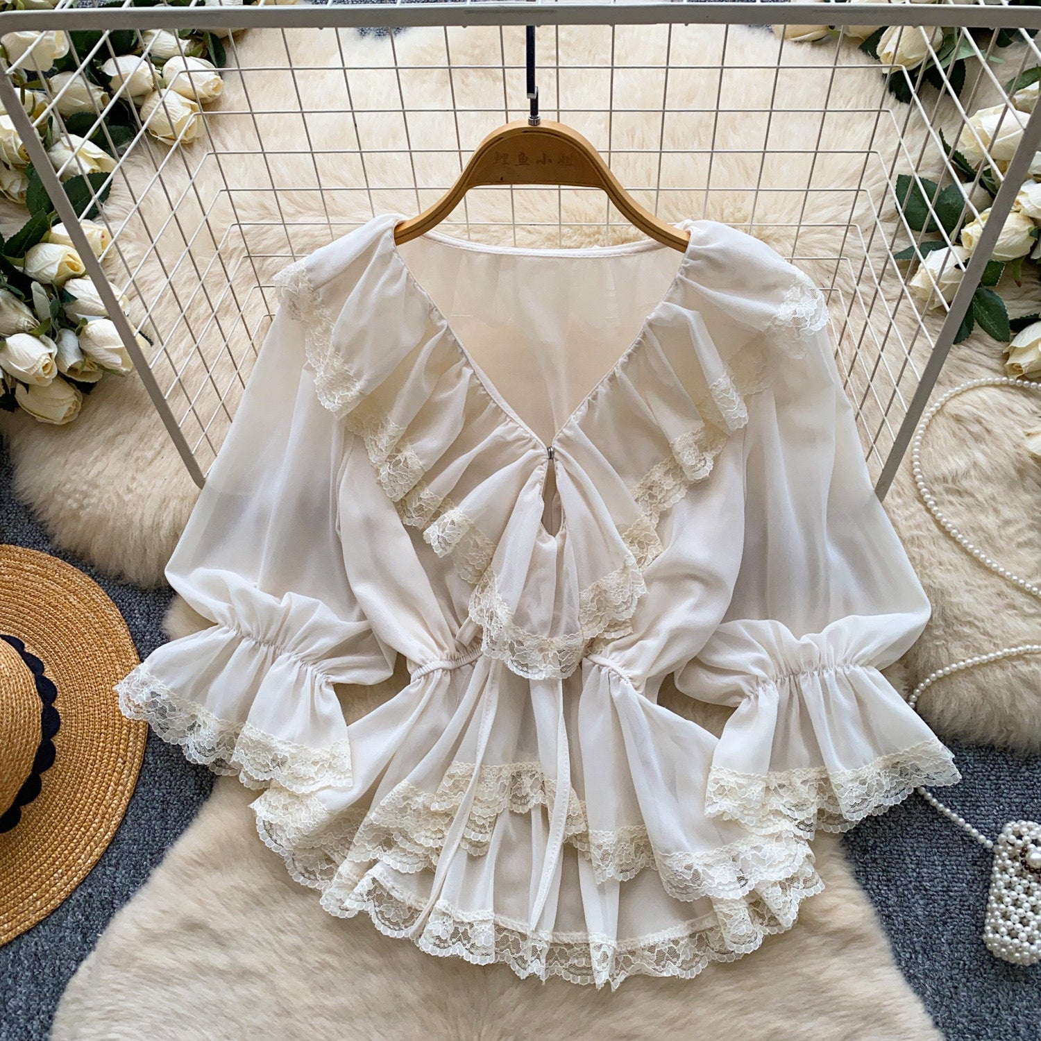 Blusa Mujer Cuello V Encaje Estilo Francés