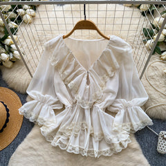 Blusa Mujer Cuello V Encaje Estilo Francés