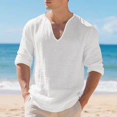 Camisa Lino Hombre Manga Larga Cuello V - Corte Holgado y Transpirable