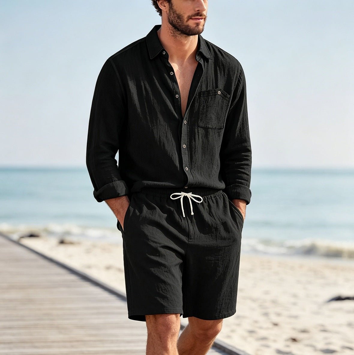 Conjunto Lino Hombre | Cárdigan Manga Larga y Shorts Casual - Irina Shop