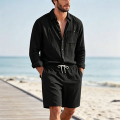 Conjunto Lino Hombre | Cárdigan Manga Larga y Shorts Casual - Irina Shop