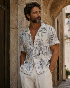 Camisa Resort Hombre Estampado Arquitectura Europea