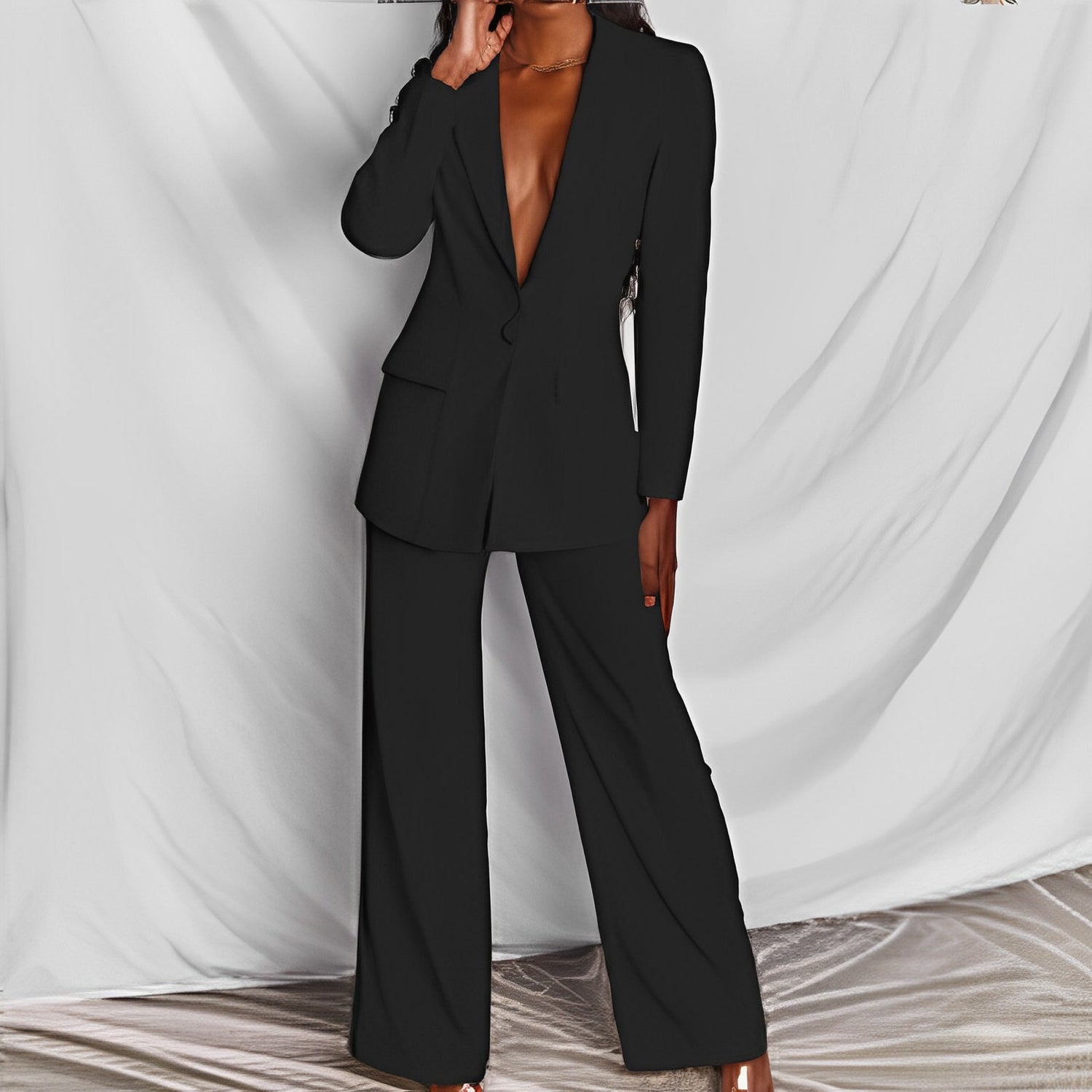 2pcs Casual Suit Lapel Button-down Blazer Jacket And Straight-leg