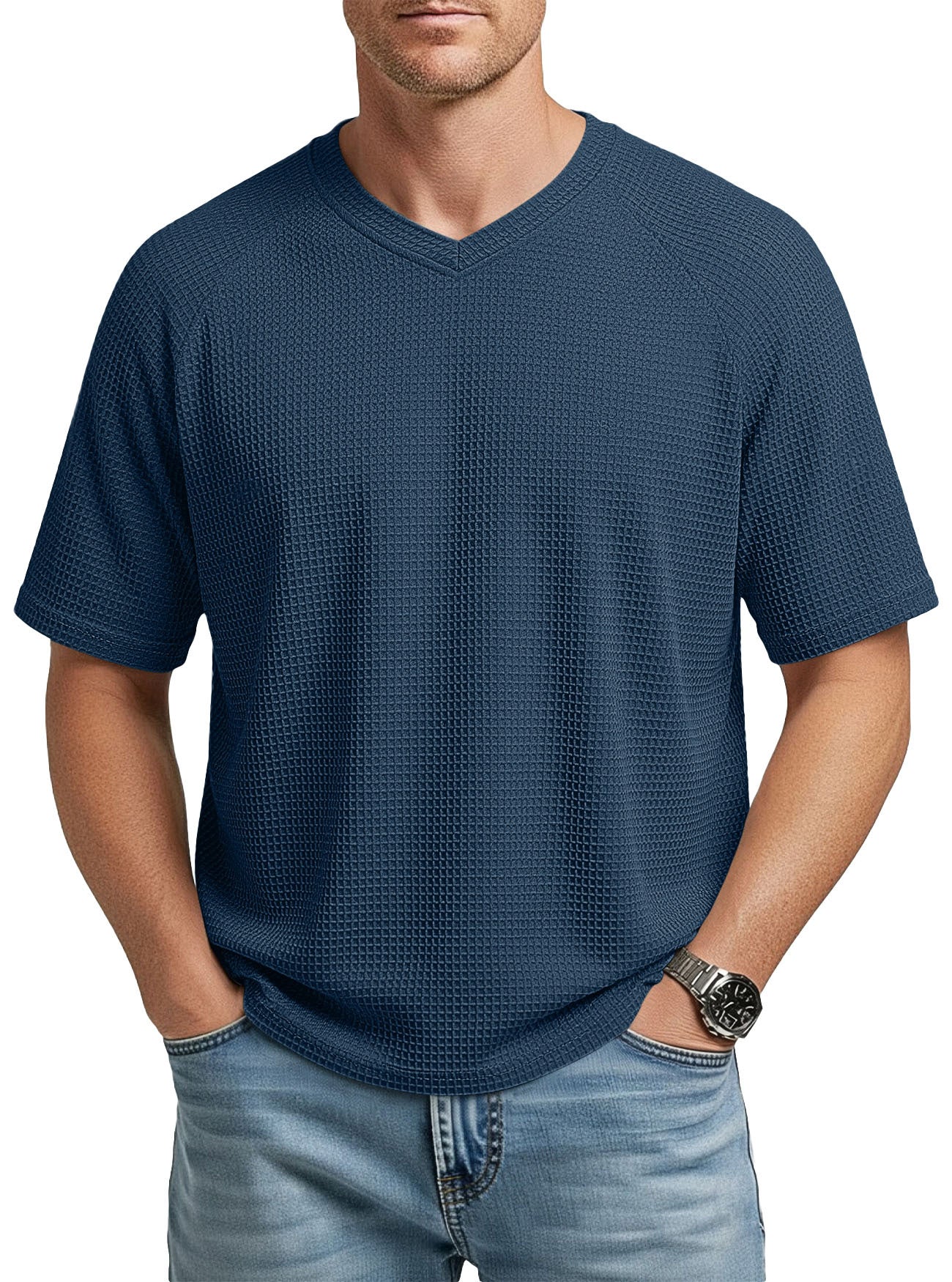 Camiseta Hombre Manga Corta Cuello V Waffle