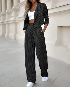 Conjunto Mujer Rayas – Top Crop Solapa y Pantalón Recto