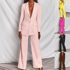 2pcs Casual Suit Lapel Button-down Blazer Jacket And Straight-leg 