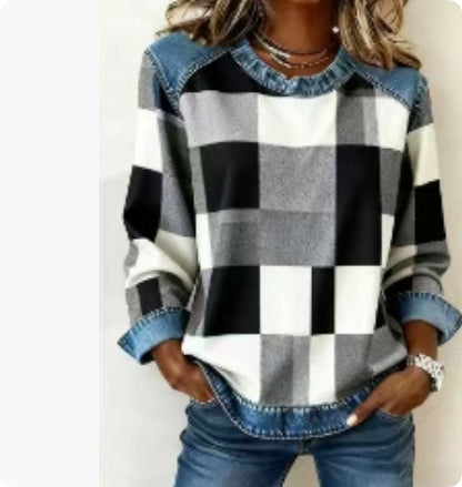 Sudadera Patchwork Denim Cuello Redondo | Moda Única