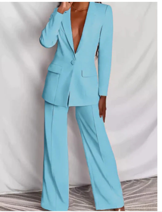 2pcs Casual Suit Lapel Button-down Blazer Jacket And Straight-leg
