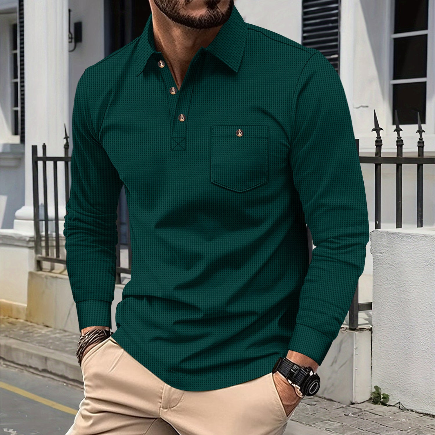Camisa Waffle Hombre Manga Larga | Algodón Transpirable 6 Colores