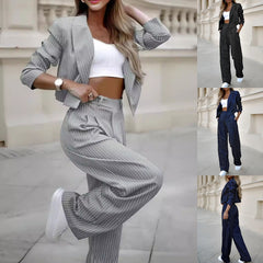 Conjunto Mujer Rayas – Top Crop Solapa y Pantalón Recto