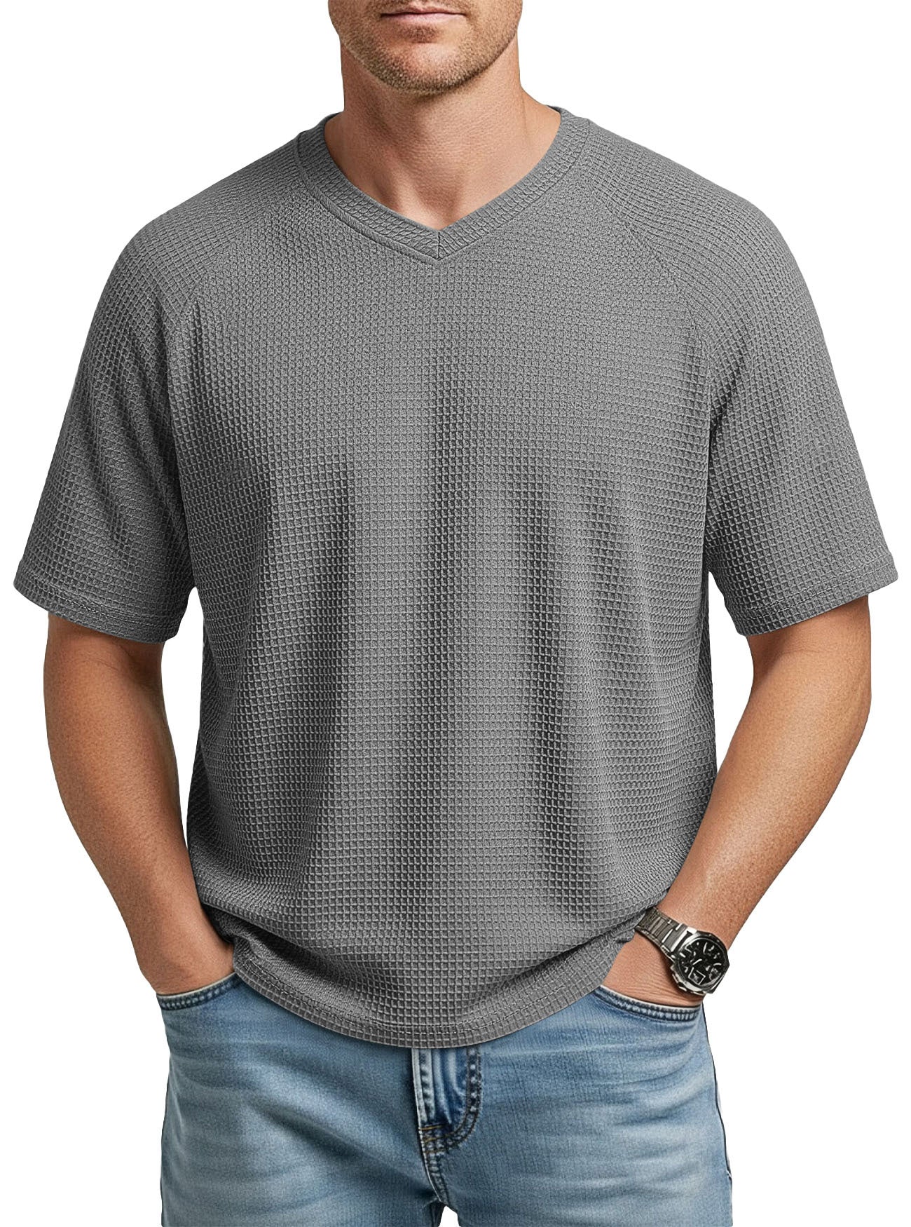 Camiseta Hombre Manga Corta Cuello V Waffle