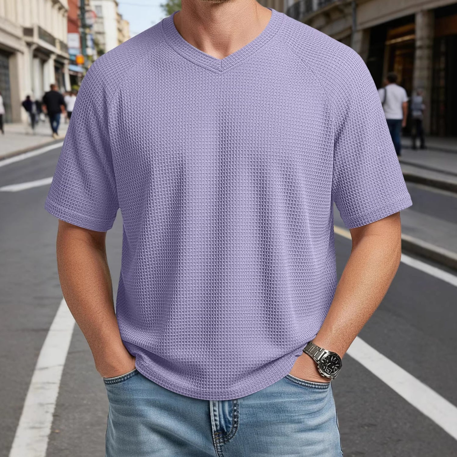 Camiseta Hombre Manga Corta Cuello V Waffle