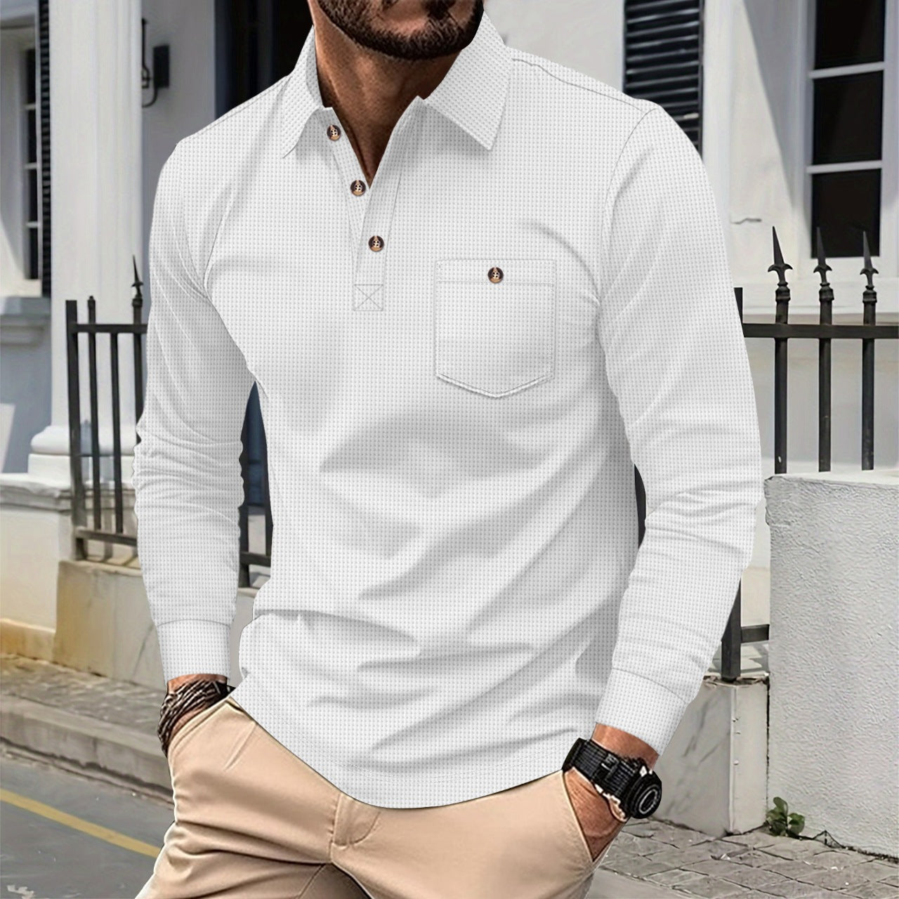 Camisa Waffle Hombre Manga Larga | Algodón Transpirable 6 Colores