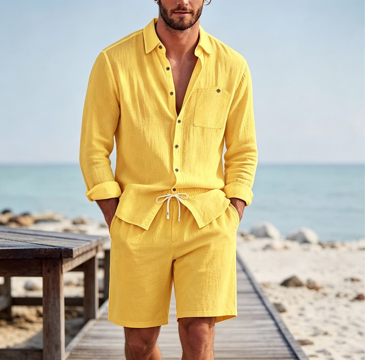 Conjunto Lino Hombre | Cárdigan Manga Larga y Shorts Casual - Irina Shop