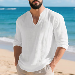 Camisa Lino Hombre Manga Larga Cuello V - Corte Holgado y Transpirable