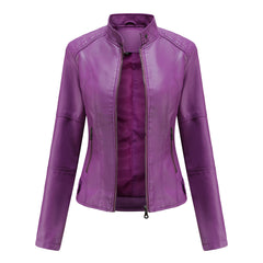 Chaqueta Cuero Mujer Cremallera Cuello Alto Color Liso