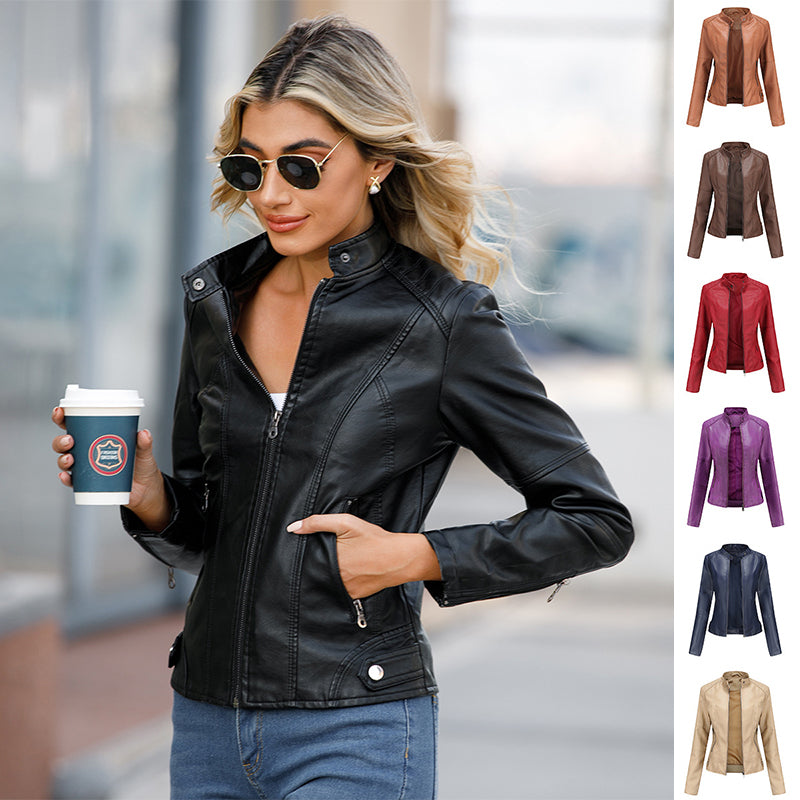 Chaqueta Cuero Mujer Cremallera Cuello Alto Color Liso