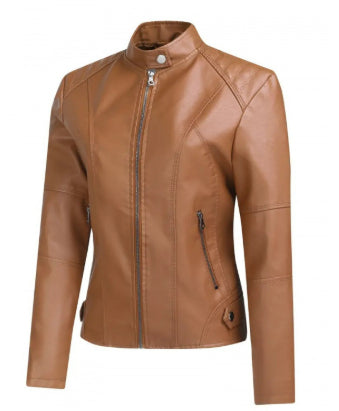 Chaqueta Cuero Mujer Cremallera Cuello Alto Color Liso