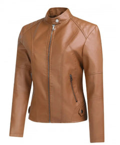 Chaqueta Cuero Mujer Cremallera Cuello Alto Color Liso