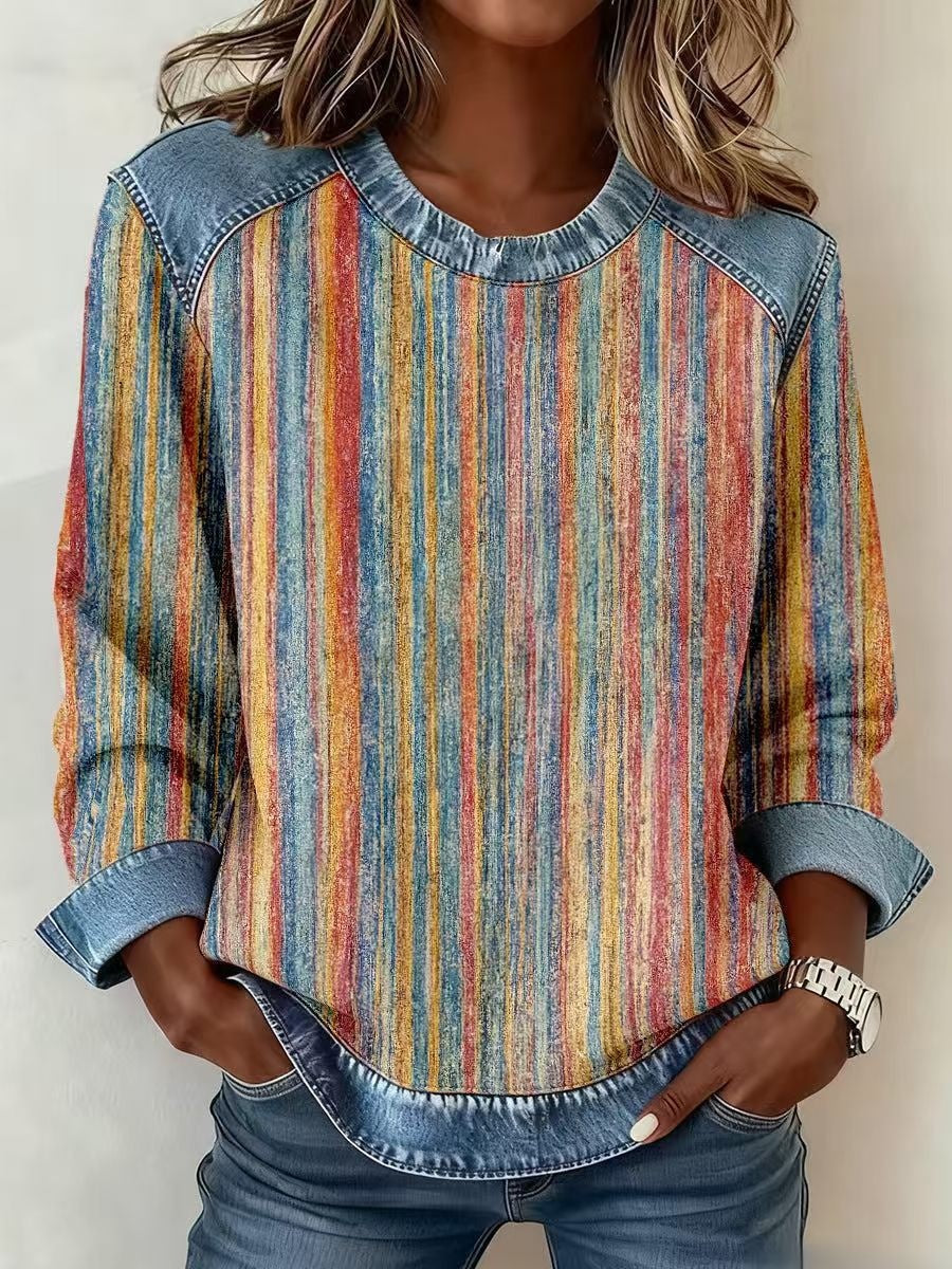 Sudadera Patchwork Denim Cuello Redondo | Moda Única