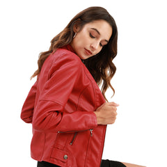 Chaqueta Cuero Mujer Cremallera Cuello Alto Color Liso