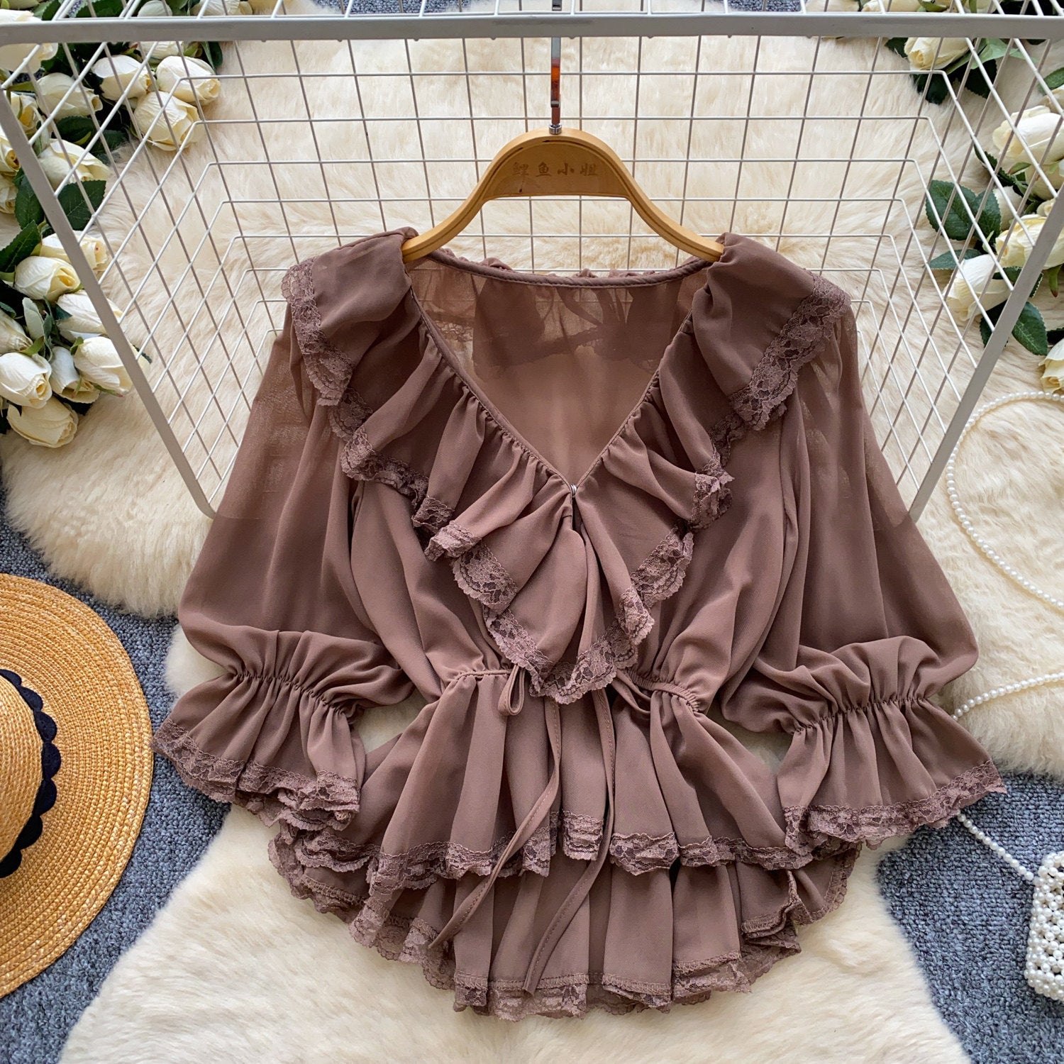 Blusa Mujer Cuello V Encaje Estilo Francés