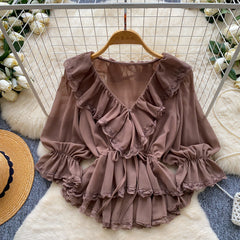 Blusa Mujer Cuello V Encaje Estilo Francés
