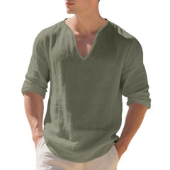 Camisa Lino Hombre Manga Larga Cuello V - Corte Holgado y Transpirable