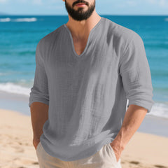 Camisa Lino Hombre Manga Larga Cuello V - Corte Holgado y Transpirable