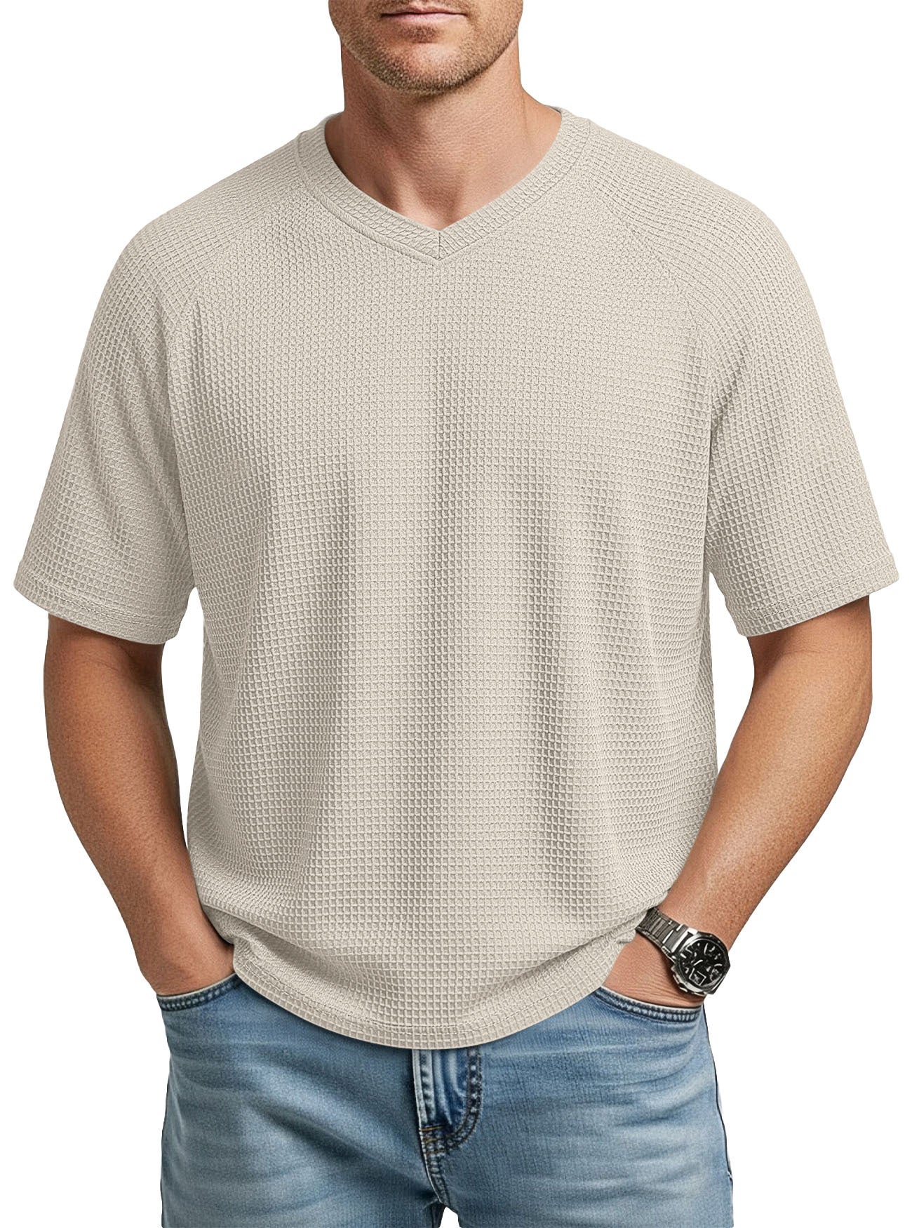 Camiseta Hombre Manga Corta Cuello V Waffle