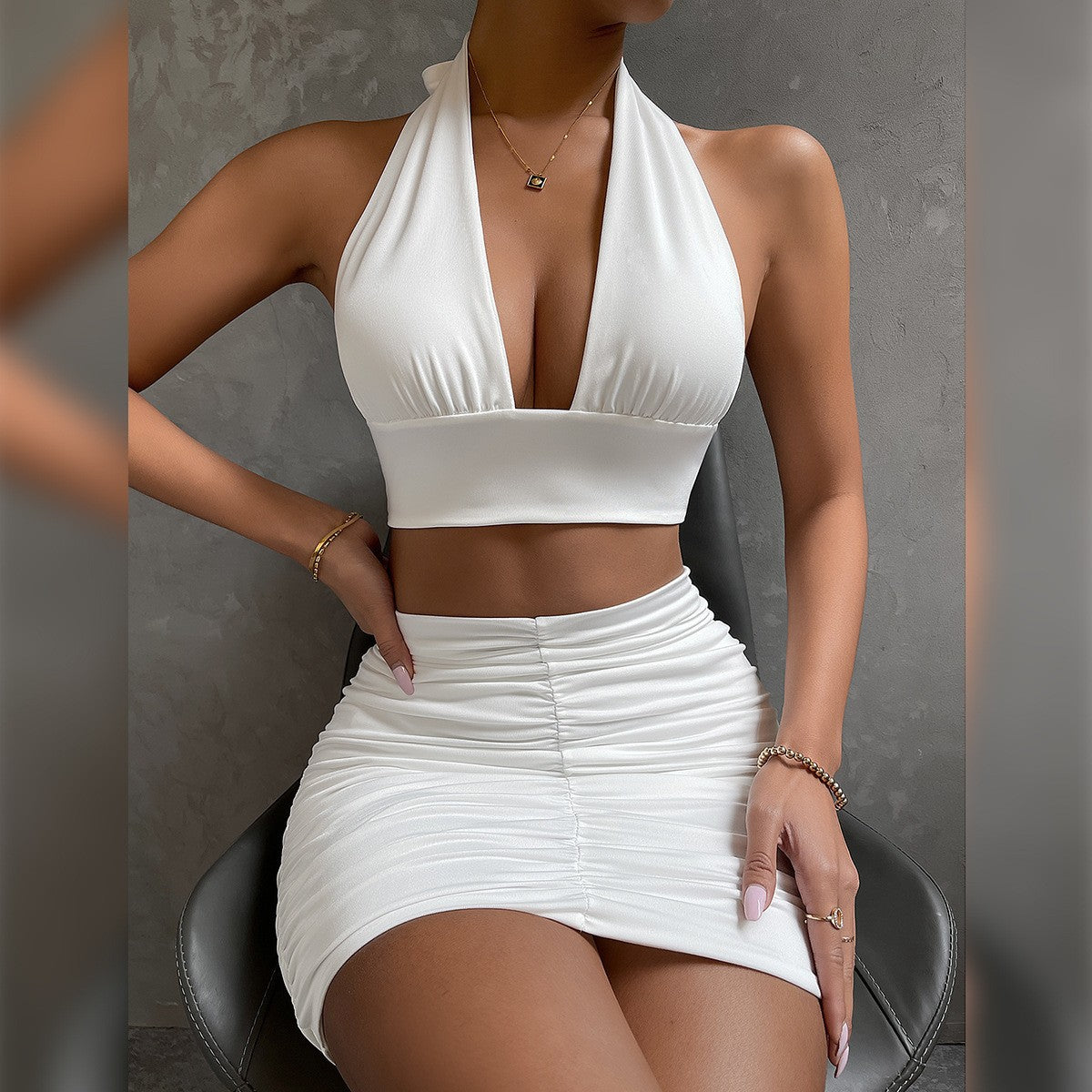 Conjunto Dos Piezas Mujer Halter Top y Falda Plisada