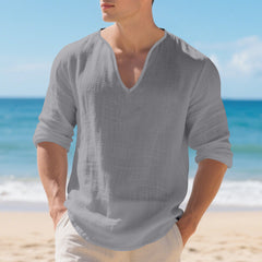 Camisa Lino Hombre Manga Larga Cuello V - Corte Holgado y Transpirable