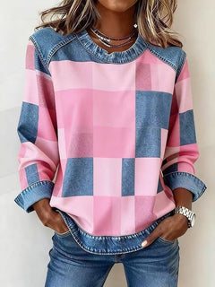 Sudadera Patchwork Denim Cuello Redondo | Moda Única