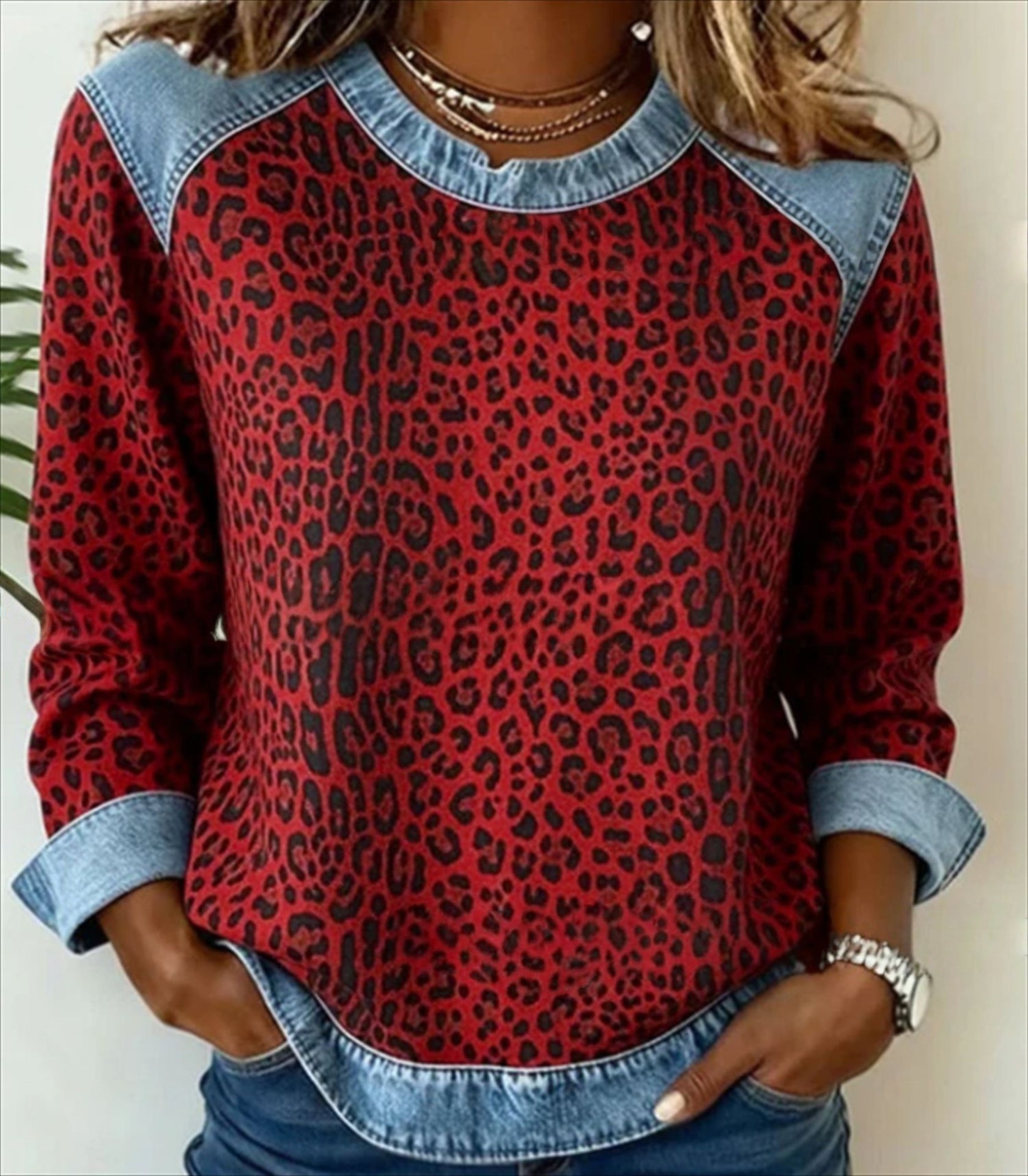 Sudadera Patchwork Denim Cuello Redondo | Moda Única