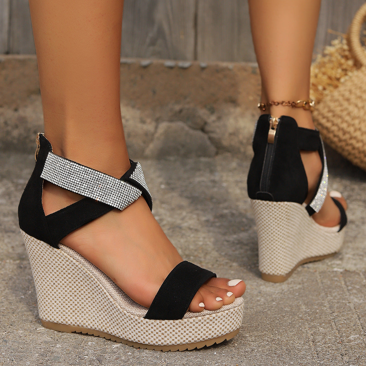 Sandalias cuña alta boca de pez con pedrería mujer