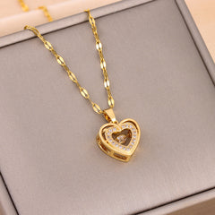 Collar Doble Capa Corazon Rhinestones Acero Titanio Mujer