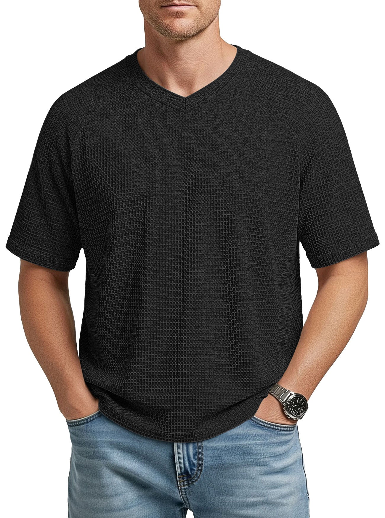 Camiseta Hombre Manga Corta Cuello V Waffle