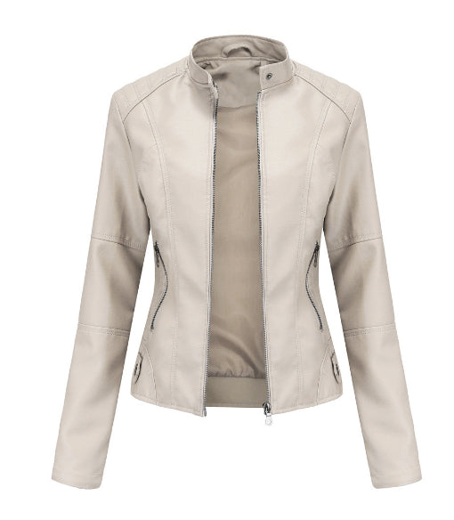 Chaqueta Cuero Mujer Cremallera Cuello Alto Color Liso