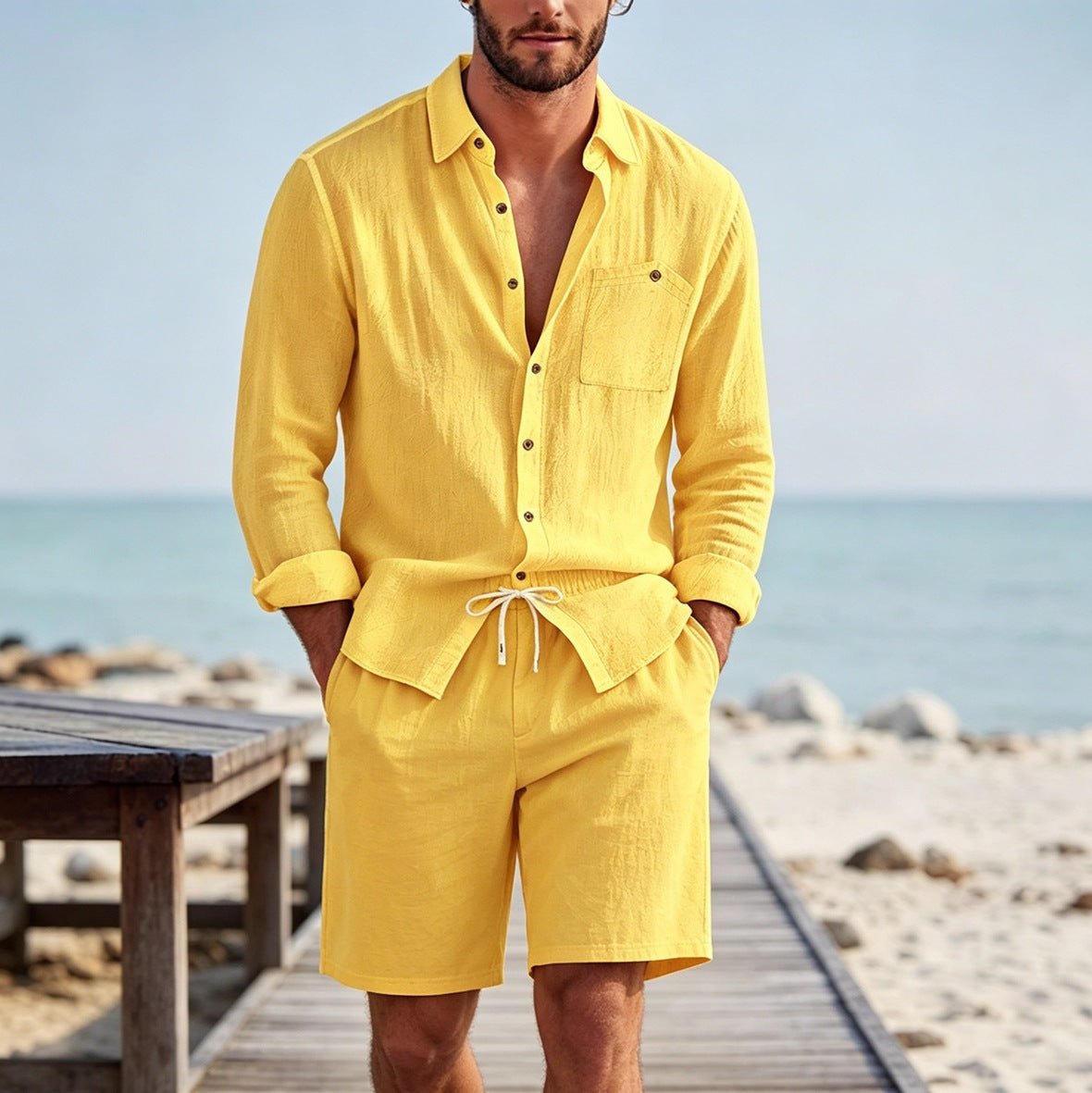 Conjunto Lino Hombre | Cárdigan Manga Larga y Shorts Casual - Irina Shop