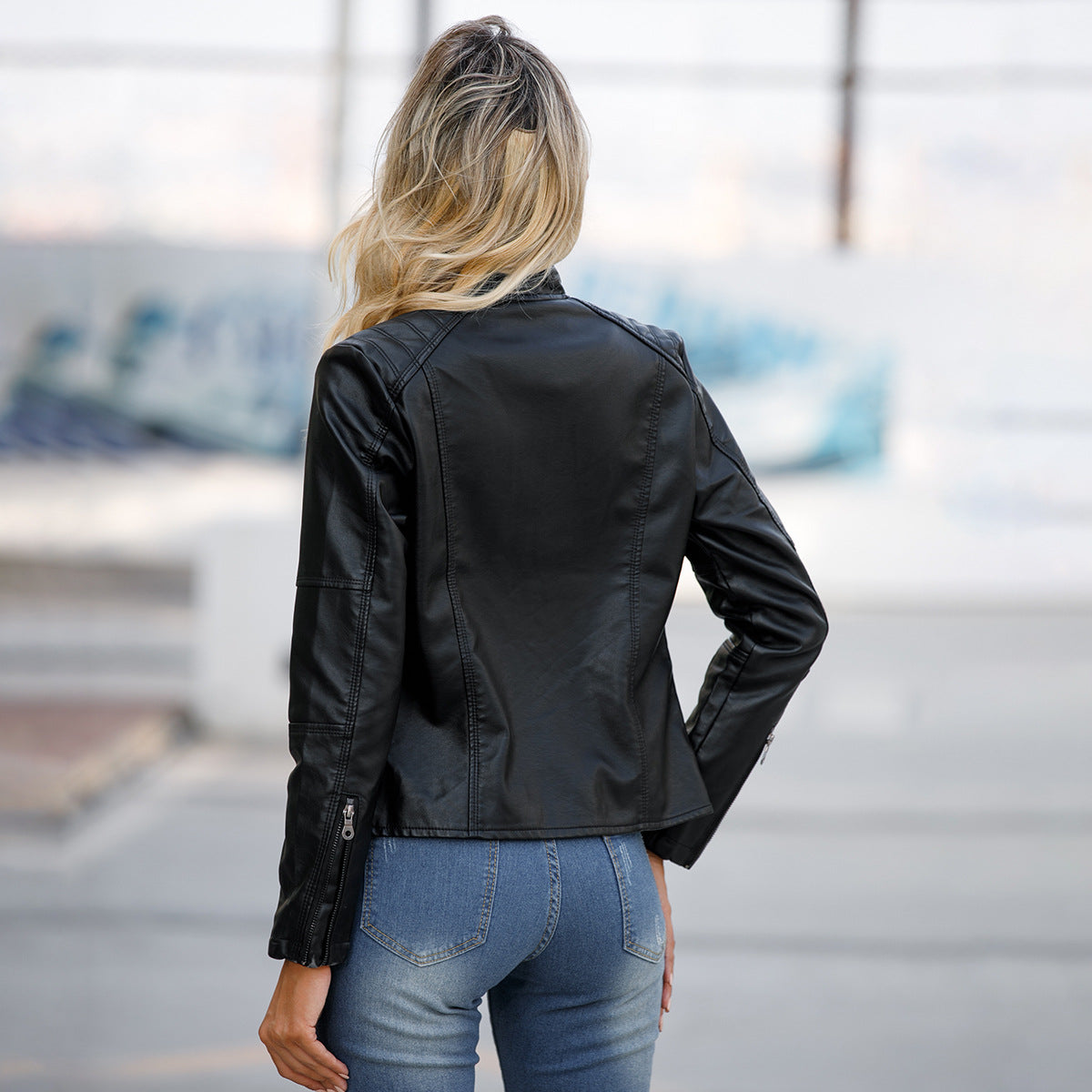 Chaqueta Cuero Mujer Cremallera Cuello Alto Color Liso