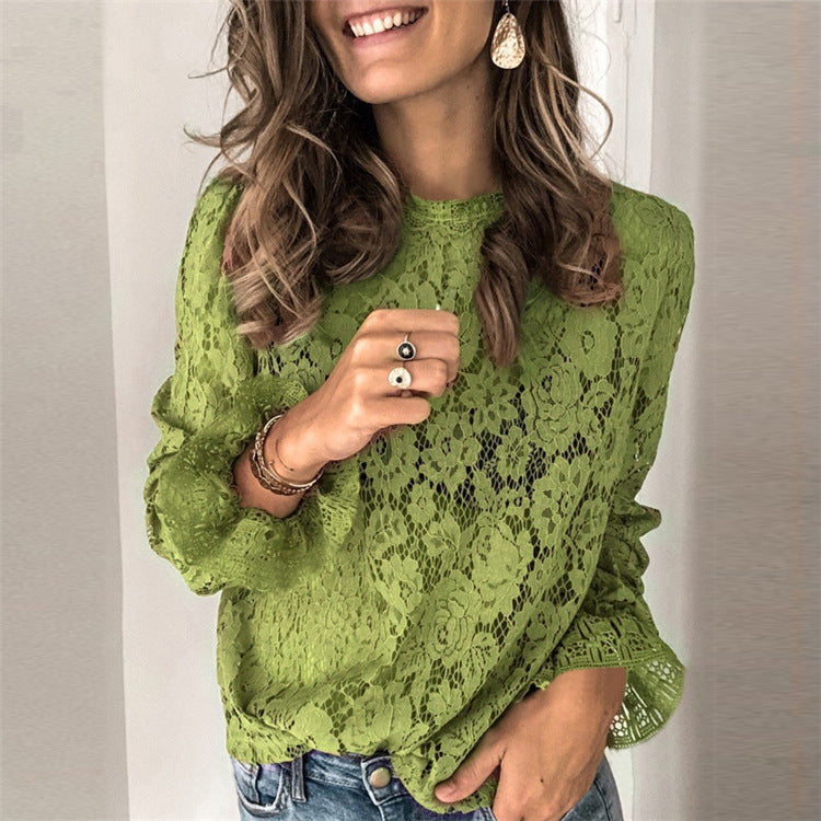 Camisa Encaje Calado Mujer – Top Manga Larga Holgado