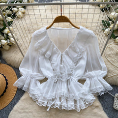Blusa Mujer Cuello V Encaje Estilo Francés